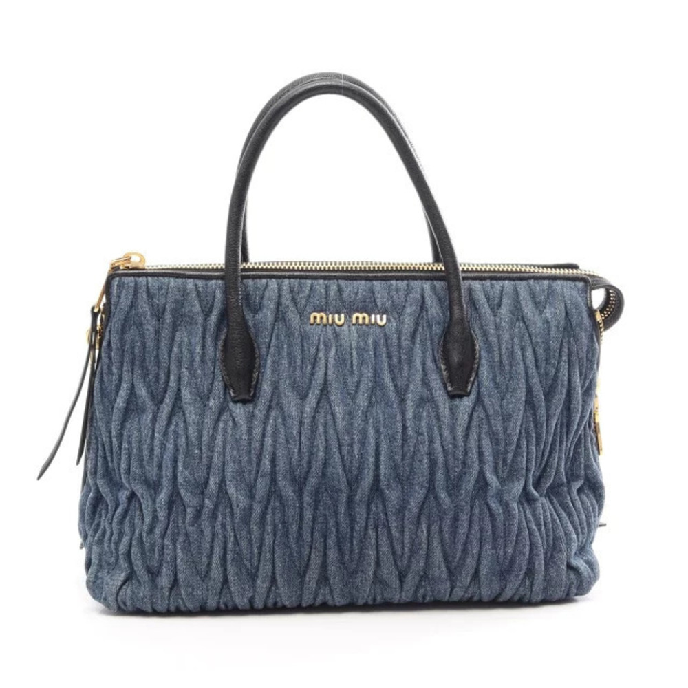 Miu Miu Denim Matelasse Handbag Leather Navy Blue Black